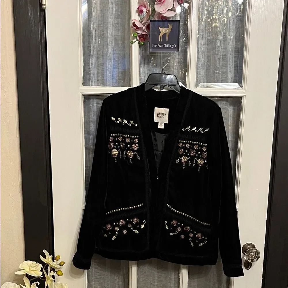 Vintage America Blues Black Velvet Embellished Jacket